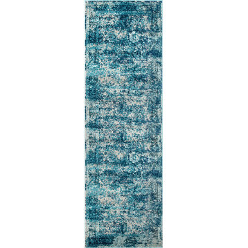 Traditional Vintage Bohemian Color Washed Floral Rug, Ocean Blue, 2'6"x8' Runner