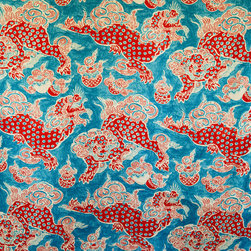 Asian Oriental dragon fabric Foo Dog lion blue orange - Fabric