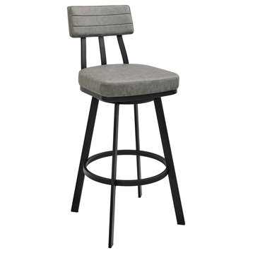 Jinab Swivel Counter Stool in Black Metal with Grey Faux Leather