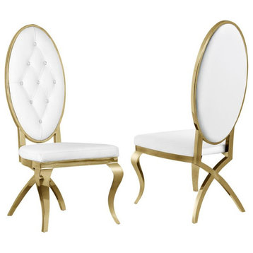 Tufted White Faux Leather Dining Chairs with Gold Stainless Steel (Set of 2)