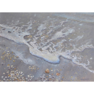 Large Original Beach Seascape Painting, Seashells and Beach Foam