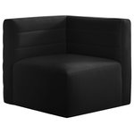 Meridian Furniture - Quincy Modular Component, Black, Corner Chair - Show them all that less is more with the minimalist look of this Quincy velvet cloud-like comfort modular corner chair. This elegant chair features a simple design that's all about comfort and modern style. The soft black velvet upholstery is sleek to the touch, and the back of the unit features deep horizontal channel tufting for a look that wows. Because this is a modular seating option, you can pair it easily with other items in the Quincy collection to create a look you love. Latches underneath make it easy to mix and match items from the collection.