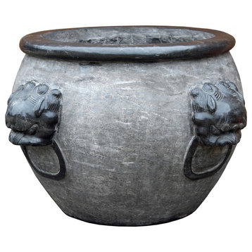 Chinese Oriental Gray Black Stone Round Garden Pot Planter cs2438