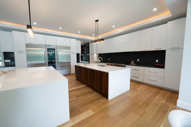 Kitchen - transitional medium tone wood floor and tray ceiling kitchen idea in Boston with an undermount sink, shaker cabinets, quartz countertops, black backsplash, quartz backsplash, stainless steel appliances, two islands and white countertops