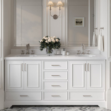 Ariel Stafford 73" Double Oval Sink Bathroom Vanity, White, 1.5 White Quartz