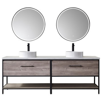 Murcia Vanity with White Stone Countertop, Moxican Oak, 84", With Mirror