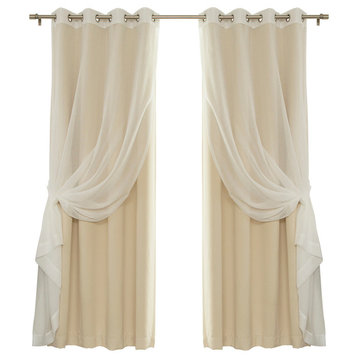 Gathered Sheer Linen and Blackout Curtain 4-Piece Set, Beige