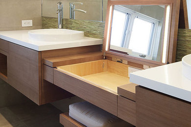 Bathroom - mid-sized contemporary master green tile and mosaic tile bathroom idea in San Francisco with flat-panel cabinets, medium tone wood cabinets and quartz countertops