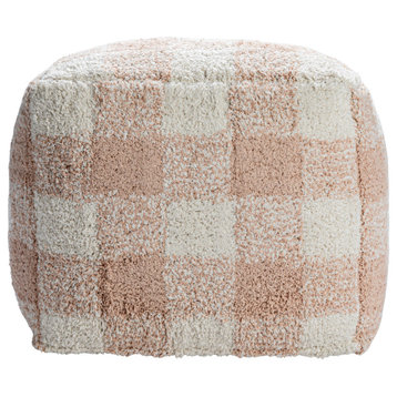 Cotton Tufted Pouf With Plaid Pattern, Blush and Cream