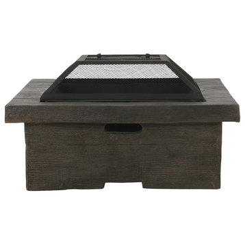 Bunce Outdoor Lightweight Concrete Wood Burning Square Fire Pit, Gray