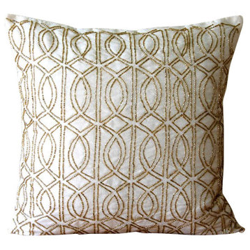 Lattice Trellis Beaded 16x16 Art Silk Ivory Decorative Pillows Cover, Gold Taj