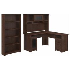 Bush Furniture Cabot 60W L Shaped Computer Desk with Hutch and 5 Shelf Bookcase Linen White Oak