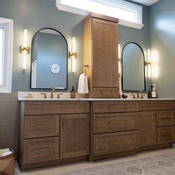 Spa Like Primary Bathroom Remodel with Warm Wood & Brass Details