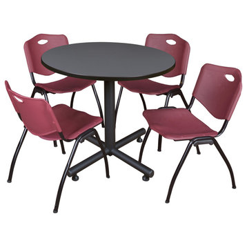 Kobe 42" Round Breakroom Table- Grey & 4 'M' Stack Chairs- Burgundy