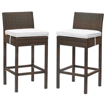 Modern Outdoor Patio Bar Stool Chair, Set of Two, Fabric Rattan, Brown White