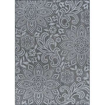 Savine Transitional Floral Charcoal Rectangle Indoor/Outdoor Area Rug, 8'x10'