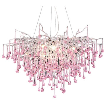 Modern Pink Crystal Chandelier for Living Room, Dining Room, Bedroom, Pink, Hanging Round Dia15.7" / Dia40cm, Warm Light