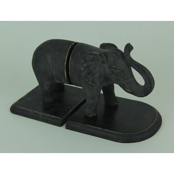 Distressed Black Standing Elephant Top and Tail Bookend Set