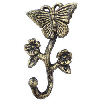 Rustic Gold Cast Iron Butterfly With Flowers Hook 5"