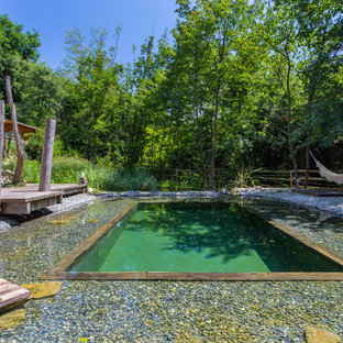 Bild på en stor lantlig anpassad baddamm på baksidan av huset, med grus