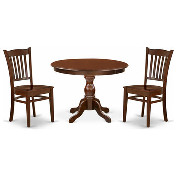 3 Pc Dining Set, Mahogany Wood Table, 2 Mahogany and Chairs, Slatted Back