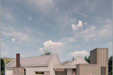 Example of a mid-sized trendy white one-story exterior home design in Other with a metal roof