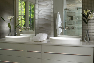 Bathroom - mid-sized modern master dark wood floor bathroom idea in Other with flat-panel cabinets, white cabinets, a one-piece toilet, white walls and a vessel sink