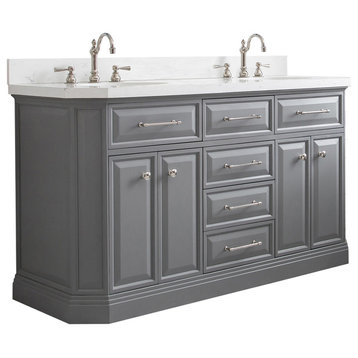 60" Palace Quartz Cashmere Gray Vanity With Hardware, Faucets in Polished Nickel