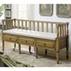 Transitional Storage Bench, Cushioned Seat With Spindle Back & Arms, Natural