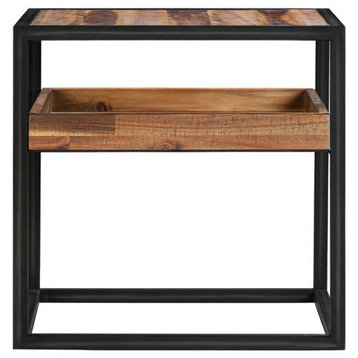 Ludgate Square End Table with Shelf in Acacia and Black Metal