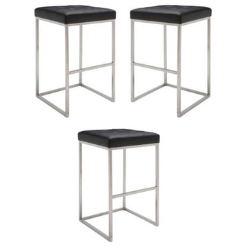 Home Square Chi 29.75" Faux Leather Bar Stool in Black and Silver - Set of 3