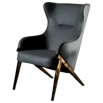 Unique Accent Chair, Bronze Finished Legs and Padded Micro Leatherette Seat, Slate
