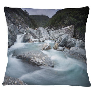 Slow Motion Mountain River and Rocks Landscape Printed Throw Pillow, 16"x16"