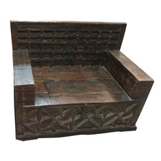 Mogul Interior - Consigned Antique Diwan Indian Bench Teak Storage Hand Carved Iron Patina Sofa - Accent And Storage Benches