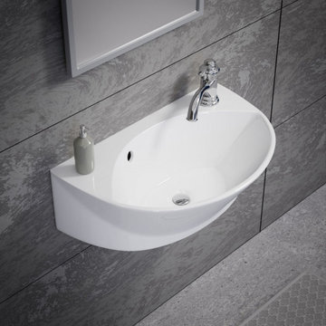 White Ceramic Bathroom Wall Mount Sink 17" Oval Basin with Faucet Hole Overflow