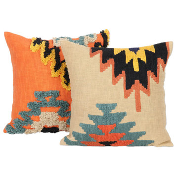 Novica Handmade Geometric Heights Embroidered Cotton Cushion Covers (Pair)
