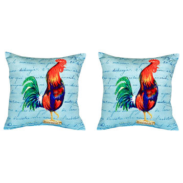 Pair of Betsy Drake Blue Rooster Script - No Cord Pillows 18 Inch X 18 Inch