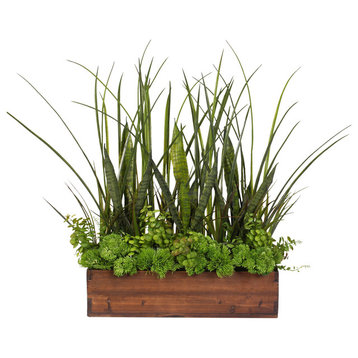 Green Real Touch Artificial Succulent Plants & Grasses in a Real Wood Planter