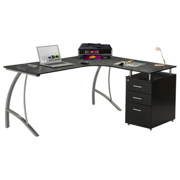 Modern L-Shaped Desk, Lockable File Cabinet & Spacious Curved Worktop, Espresso
