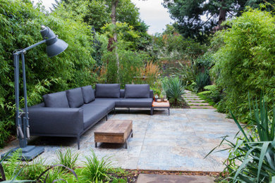 Идея дизайна: большой участок и сад на заднем дворе в современном стиле