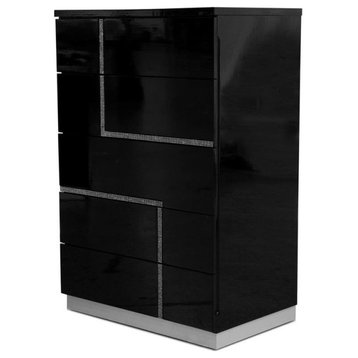 Bowery Hill Wood 5-Drawer Bedroom Chest in Black High Gloss