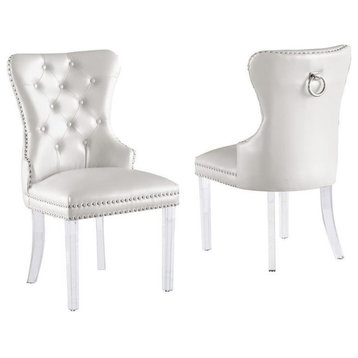 Tufted White Faux Leather Side Chairs with Clear Acrylic Legs (Set of 2)