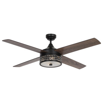 Modern Crystal Ceiling Fan With Remote Control, Matte Black