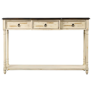 Large Console Table, Lower Shelf and 3 Drawers With Ring Pulls, Rustic Beige
