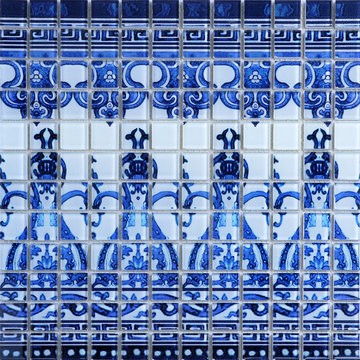 Crystal Glass Tile blue &white Puzzle Mosaic Tile Crystal Backsplash Kitchen