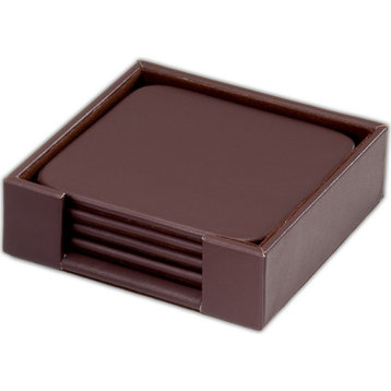 Chocolate Brown Leatherette 4 Square Coaster Set With Holder