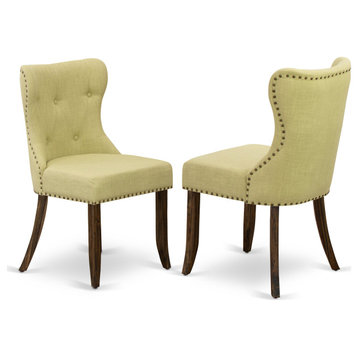 Set Of 2, Upholstered Chair, Distressed Jacobean Wooden Structure, Limelight
