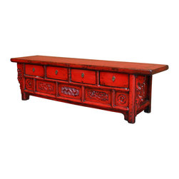 Chinese Distressed Red Lacquer Low Long TV Console Cabinet - Console Tables