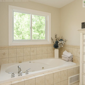 White Sliding Window in Beautiful Bathroom - Renewal by Andersen Greater Toronto