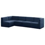 Meridian Furniture - Quincy Velvet Upholstered 5-Piece L-Shaped Modular Sectional, Navy - Show them all that less is more with the minimalist look of this Quincy velvet cloud-like comfort modular sectional. This elegant chair features a simple design that's all about comfort and modern style. The soft navy velvet upholstery is sleek to the touch, and the back of the unit features deep horizontal channel tufting for a look that wows. Because this is a modular seating option, you can pair it easily with other items in the Quincy collection to create a look you love. Latches underneath make it easy to mix and match items from the collection.